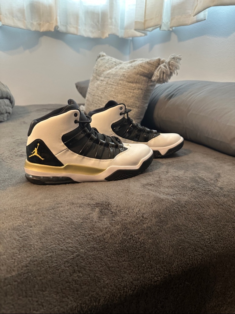 Jordan High-Top Basketball Sneakers in White, Black & Gold